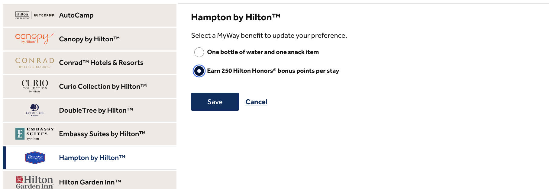Hilton MyWay benefit selections.